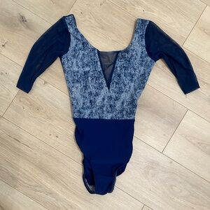 Custom Navy Blue Leotard with 3/4 Mesh Sleeves Size Medium